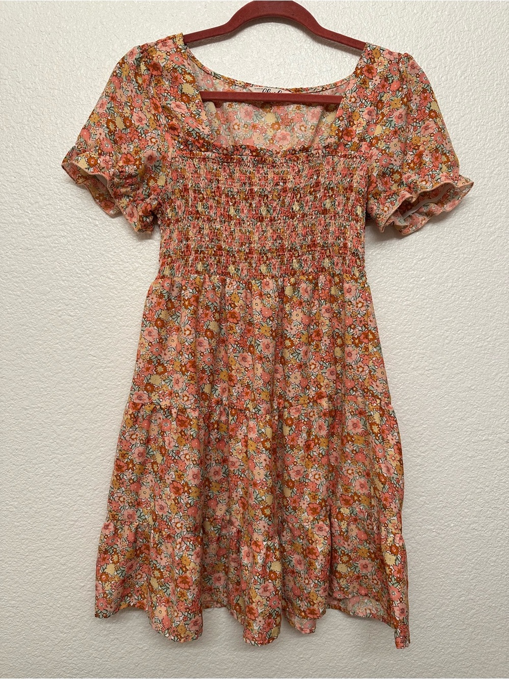 Smocked Floral Midi Dress in Coral Multi